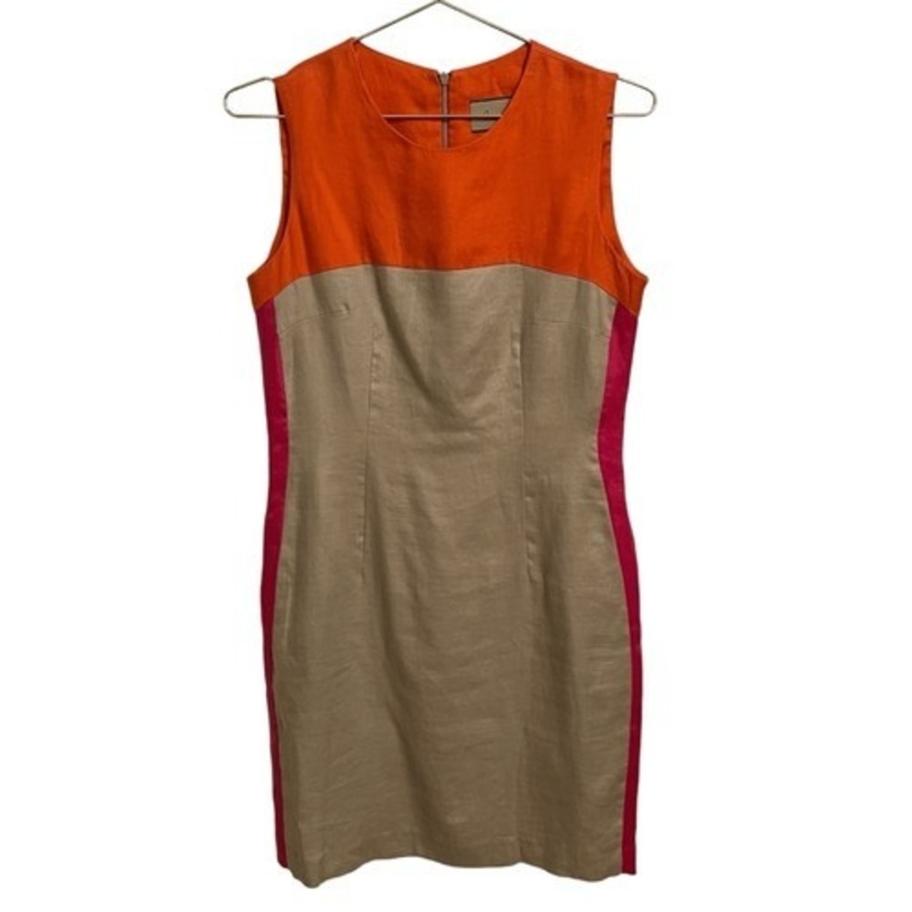 Posa Mona Orange Beige Fuchsia Colorblock 100% Linen Sleeveless Sheath Dress 8